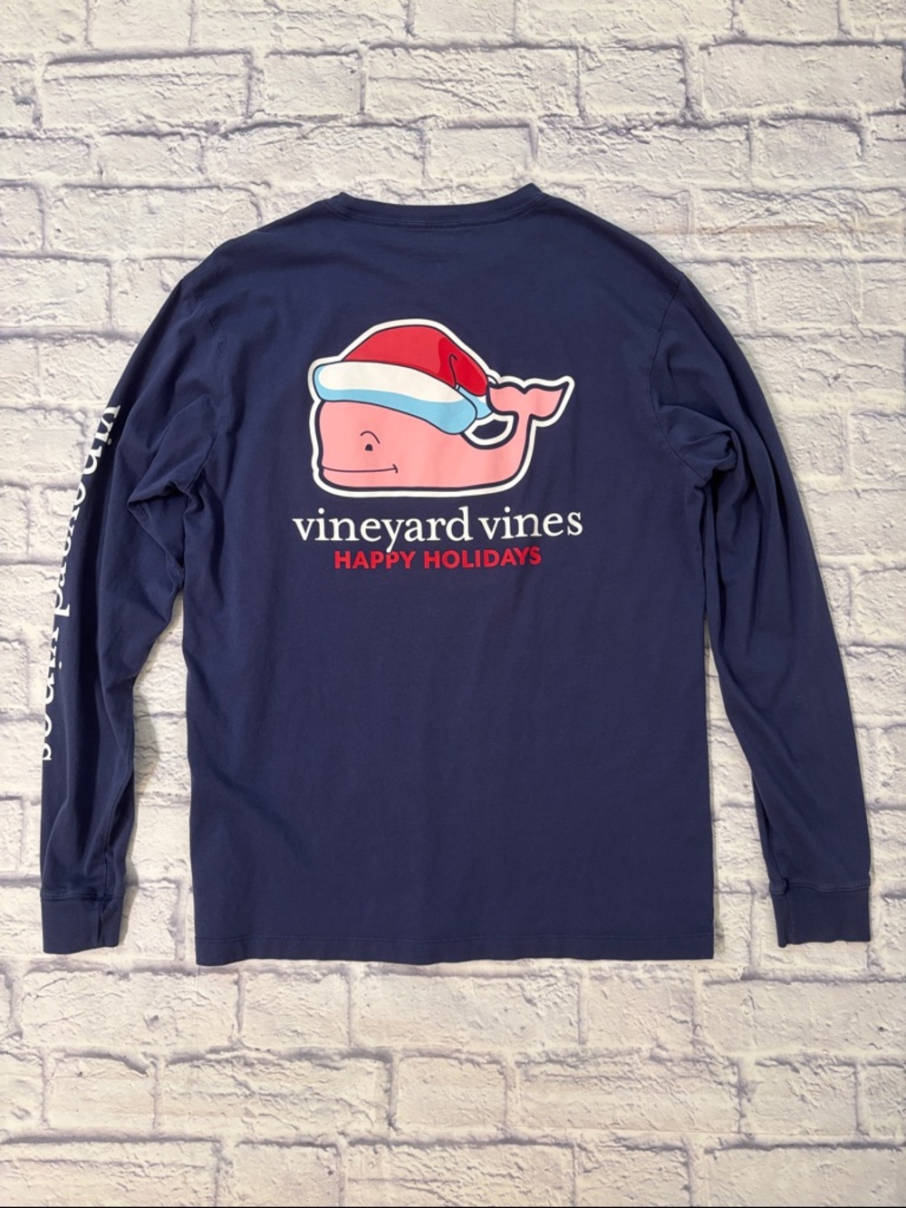Vineyard Vines Holiday Tee Shirt Long Sleeve Pocket Navy Blue Whale Size Small